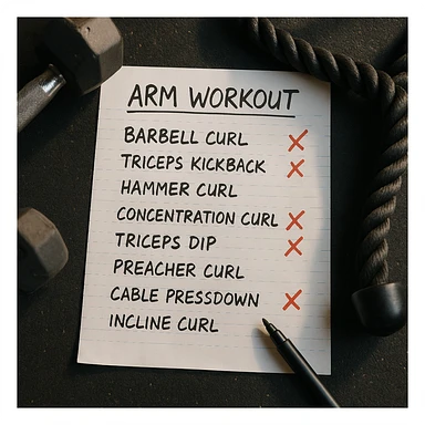 Top view of an arm workout training sheet with handwritten exercises and red X marks on incorrect exercises, in a hyperrealistic style, 4K quality, natural gym atmosphere with natural lighting. Maintain sharp details and realistic gym environment. sticker