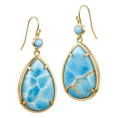 No emoji icons, no emoji faces, 8k quailty, clean, smooth design, isolated, hyper realistic, ultra sparkly, detailed, 10k yellow gold, gorgeous colorful Larimar Raw Crystal earrings set, rendering. Full transparent background  sticker