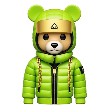 ultra-detailed bearbrick figure with perfect cube head and geometric body, wearing premium lime green balaclava with sleek integrated black visor lens at eyes, luxury oversized designer puffer jacket with prominent logo and lavish fur trim collar, heavy gold chains, streetwear icon sticker