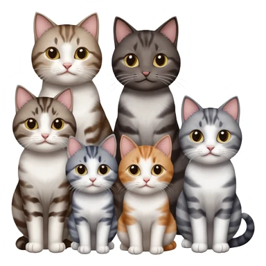 4 different coloured short haired cats including; a dark brown tabby and white cat, and a dark grey and white  sticker
