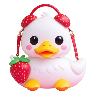 kawaii white duck with a strawberry-shaped shoulder bag, 3D style, pastel colors, big shiny eyes, soft lighting, chibi proportions sticker