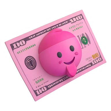 $100 bill in 3D emoji style, pink and white color scheme, playful and bold sticker