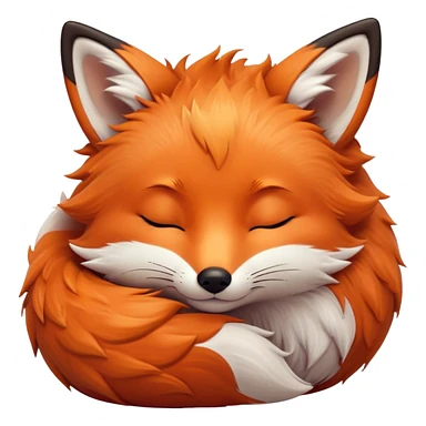 Cinematic cute sleepy fox, curled into a cozy fluffy ball, warm glowing fur, tiny black nose resting on its tail, soft breathing visible, peaceful and charming. sticker