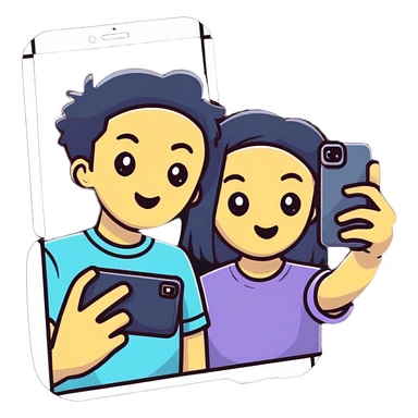 Two best friends taking a selfie together with Instagram frame, holding a phone, Instagram worthy sticker