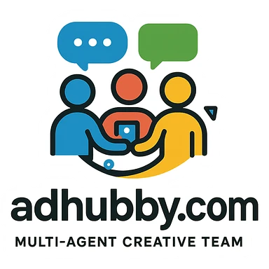 Logo for adhubby.com, multi-agent creative team, playful and modern, incorporates elements like chat bubbles, teamwork, or digital icons, designed to appeal to small business owners sticker