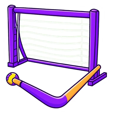 field hockey stick and ball on vibrant green grass field with goalposts sticker