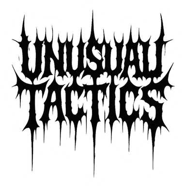 a logo, resembling that of metal band logo, for the text: "unusual tactics", drip font, symmetrical lettering, lettering only sticker