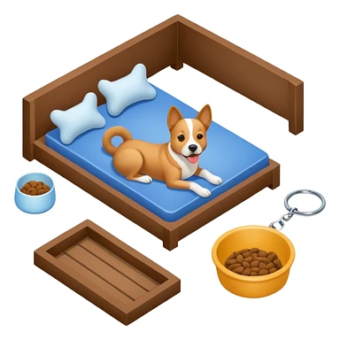 Goals:
1) Isometric view
2) Physically realistic portrayed in a way that would be expected to the average person
3) Avoid anything that could be considered offensive, even 2%

---
Now generate an image to represent a list to buy items for a dog. Items include: Kennel, bowl, bed, leash, etc sticker