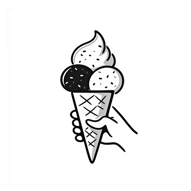 An ice cream cone with scoops of ice cream in pastel colors (dd9fb0, ffc6d3, a3bfc9, c4bee2, f1b091), hand-drawn doodle style sticker