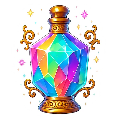 luxurious crystal elixir bottle in colorful chewing gum style, bright colors, lots of glow, edges, ornaments, golden details, magical effects, very small golden neck, transparent background, beautiful seamless bottom, bottle clearly floating in air, no base or shadow, premium class impression, playful design, colorful, matching a collection of crystal, luxurious, magical bottles sticker