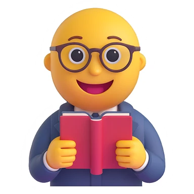 3D smiley emoji, round shape, librarian: wearing glasses, holding book, funny face sticker
