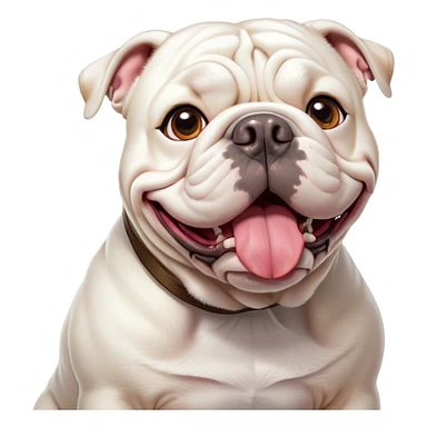 Cinematic Comical White English Bulldog Portrait Emoji, Head tilted dramatically with an exaggeratedly amused expression, featuring a striking pure white coat with a subtle sheen, wide, expressive brown eyes filled with playful disbelief, Simplified yet hilariously expressive features, highly detailed, glowing with a slightly sassy glow, high shine, dramatic yet playful, stylized with an air of cheeky defiance, bright and endearing, soft glowing outline, capturing the essence of a spirited and over-the-top guardian, so meme-worthy it feels like it could side-eye its way into internet fame instantly! sticker