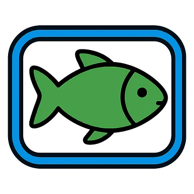Create a minimalistic, flat icon of a green fish inside a blue rounded rectangle border. Use clean, simple lines with the rectangle in shades of blue and the fish in green for contrast. The background should be fully transparent with minimal use of other colors, prioritizing clarity and recognizability. Style consistent with previous icons provided in the references. sticker