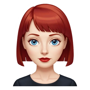 Middle-aged woman with fair skin, wider oval face, blue eyes, thin eyebrows, small nose, red lips, dark red hair with straight bangs, age-appropriate features, wearing a black blouse sticker