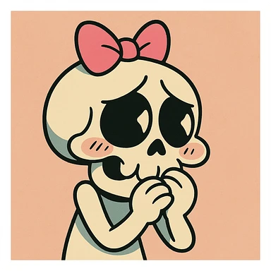 a shy skull with a pink bow, cartoon style, bold lines, vibrant colors, playful and expressive sticker