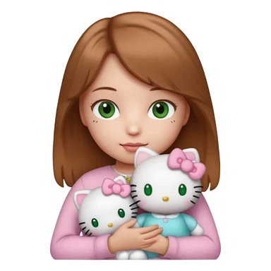 Girl with natural green eyes and light brown hair and she have a hello kitty doll with her hand sticker