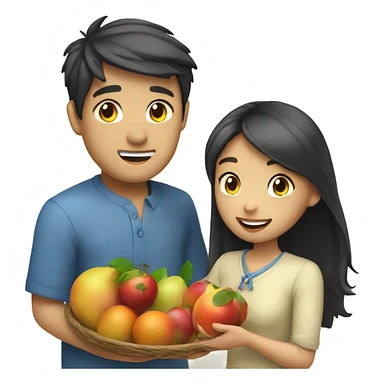 Asian girl giving fruits to man with blue eyes sticker
