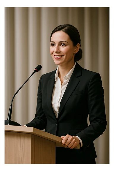 a female speaker at an event standing at a podium, professional, clear view of the podium and microphone, confident posture, business attire sticker