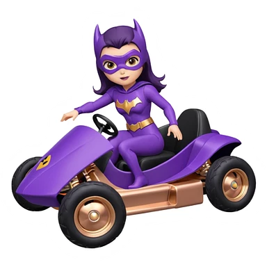 Hot full size real-appearance retro electric racing action BatGirl’s feminine midnight-purple tight outfit sixty’s tv show 1992 stealthy retro sporty safe plush petite off-road pursuit cruiser car rose gold accents (black hair,reclined and relaxed torso seating position) go kart  sticker