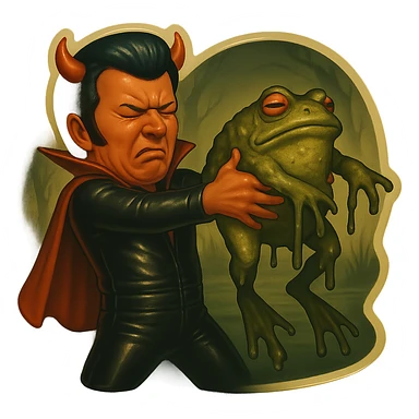 Remove all text from the image. Dress the character in a black leather jumpsuit instead of white, keep the short cape and very tiny horns. The character is holding a giant slimy toad away from himself with both hands and straight arms, head turned away in disgust, cringing. The background is swampy. Use retro sticker style with no borders. Maintain the grim vibe of the image. sticker