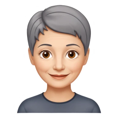 woman 60 years old, shaved short uncombed dark grey hair, brown eyes smile sticker