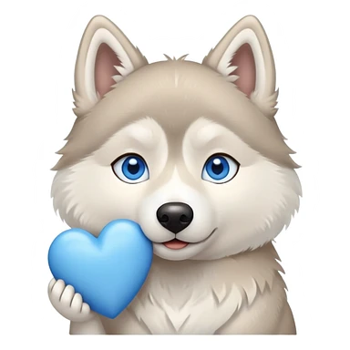 Beige husky with blue eyes holding a blue heart sticker
