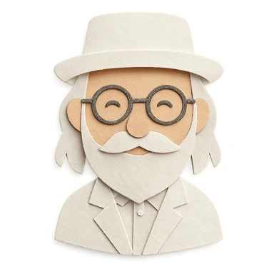 old man with a white hat, slightly long white beard, white moustache, round glasses, white suit, white longish hair, paper craft style sticker