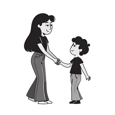 A girl with long brown hair holding the hand of a boy with short black hair, she wearing a black tank top with flared blue jeans, he wearing a black t-shirt with grey jeans, couple in love sticker