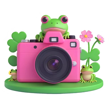 A pink camera with a frog on the screen and clovers around, 3D iOS style, vibrant pink camera with green frog and clovers, variation 4 sticker