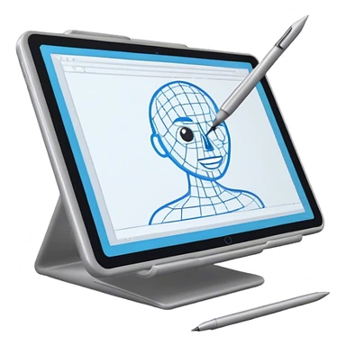 Create an emoji for 3D visualization and modeling. Show wireframe model that pops out from the screen of a large graphic tablet with a stylus drawing in a 3D modeling program. Use modern, professional colors. Do not include any emojis or smiley faces. Make the background transparent. sticker