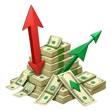 a pile of money infront of strategy paper with one red arrow up sticker