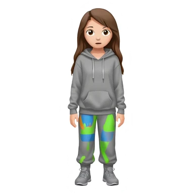 Chica grande  asustada de cuerpo completo mirado a la izquierda con pelo castaño largo  pantalones baggy  grises y hoodie gris  sticker