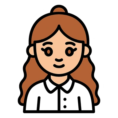 girl with a round face, long wavy brown hair in a half up half down style, brown eyes and long lashes, white button up polo, flat icon style sticker