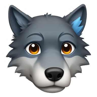 a blacky gray wolf furry head, with right ear orange and other ear blue, right eye blue and other eye orange, sad sticker