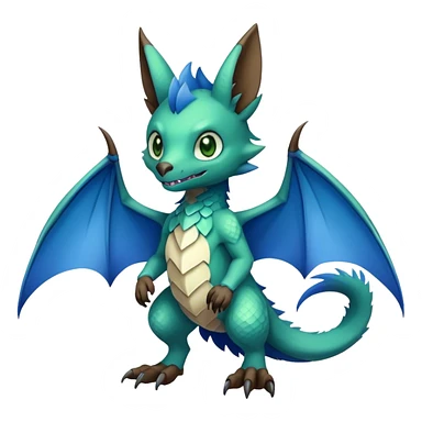 Cute cool fantasy animal hybrid bat-Sergal-Digimon-Fakemon full body, green scales, brown eyes, blue feathers sticker
