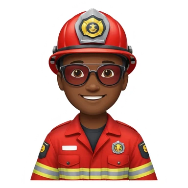 Young, male, dark skin, wearing sunglasses, firefighter uniform, happy sticker