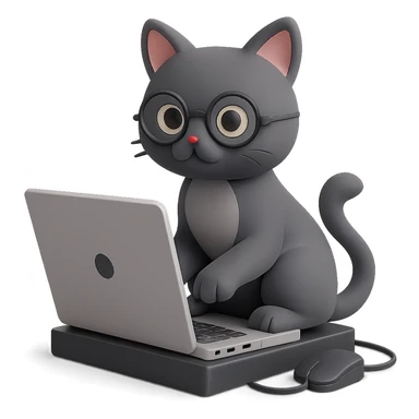 Change the cat to a gray cat, keep the IT theme, working on a laptop, modern tech vibe, clean background, no background (transparent). sticker