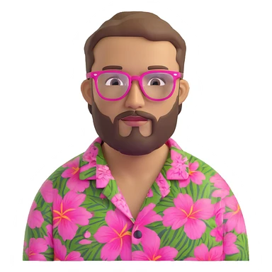 man with light skin tone, short light brown hair and beard, wearing a Hawaiian shirt and pink glasses sticker