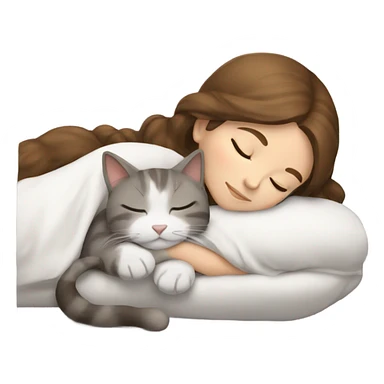 sleeping girl brown hair laying next to a white and gray cat sticker