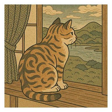 ukiyo-e style illustration of a cat sitting on a windowsill sticker