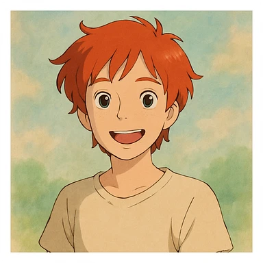 ghibli style portrait of an 18 year old young person with red hair, cheerful expression, simple clothing, soft background sticker