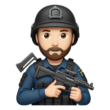 SWAT member with white skin and brown beard and gun sticker