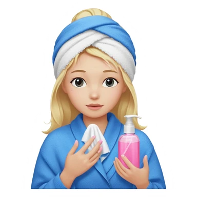 A girl grabbing a pink serum with a towel in blonde hair with a white shower towel in her hair with skincare on her face dressed in a blue sweater sticker