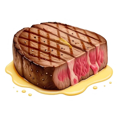 Cinematic thick-cut steak, perfectly seared with grill marks, a juicy pink center, butter melting on top, rich and savory, warm glow, sizzling and mouthwatering, highly detailed and appetizing. sticker