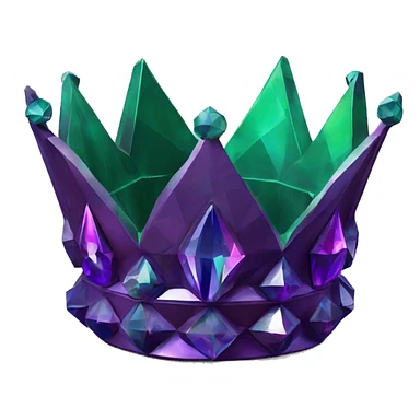 sculpture crown with a geometric faceted design. The crown is sparkling and standing upright on a base with angular and flower features. The vibrant dark purples and greens highlights the sharp edges and planes.  sticker