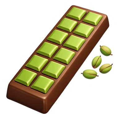 a half-eaten chocolate bar. chocolate filling - pistachio paste green sticker