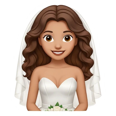 Tan, Dark Brown haired girl, long Hollywood wave hair, in white wedding dress smiling sticker