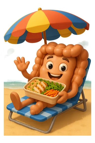 EMOJI STILE IPHONE DI INTESTINO IN SPIAGGIA SU UNA SPIAGGINA SOTTO L'OMBRELLONE CON IN MANO UNA SCHISCETTA DI Insalata di quinoa e pollo con rucola e carote, iperrealistica 4k sticker