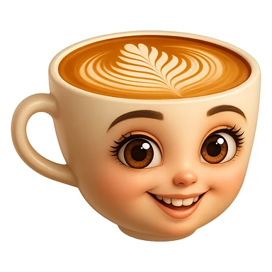 Edita la imagen para que el personaje de la taza de café  MANTENGA exactamente su estilo original,  y colores según la imagen de referencia. ELIMINA FONDO PARA QUE QUEDE TIPO EMOJI NO DBE TENER CUELLO.EL AZA O MANGA DE LA TAZA  DEBE SER COMPLETAMENTE VISIBLE sticker