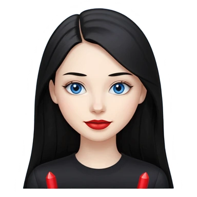 20 yr old woman long straight black hair, pale skin, blue eyes, red lipstick, black clothes, small smile sticker